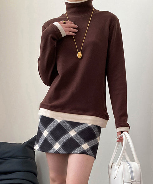 ハイネックトップス レイヤード風 長袖T レディース 重ね着風Tシャツ タートルネックブルオーバー 大人カジュアルカットソー 秋冬 暖かい配色インナートップス防寒 84WANJIA-027